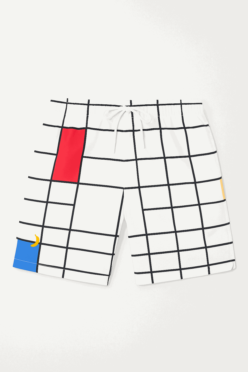White Mondo Tennis Agnès Shorts with black grid pattern and colorful red, blue, and yellow blocks, elastic waistband, and side pockets.